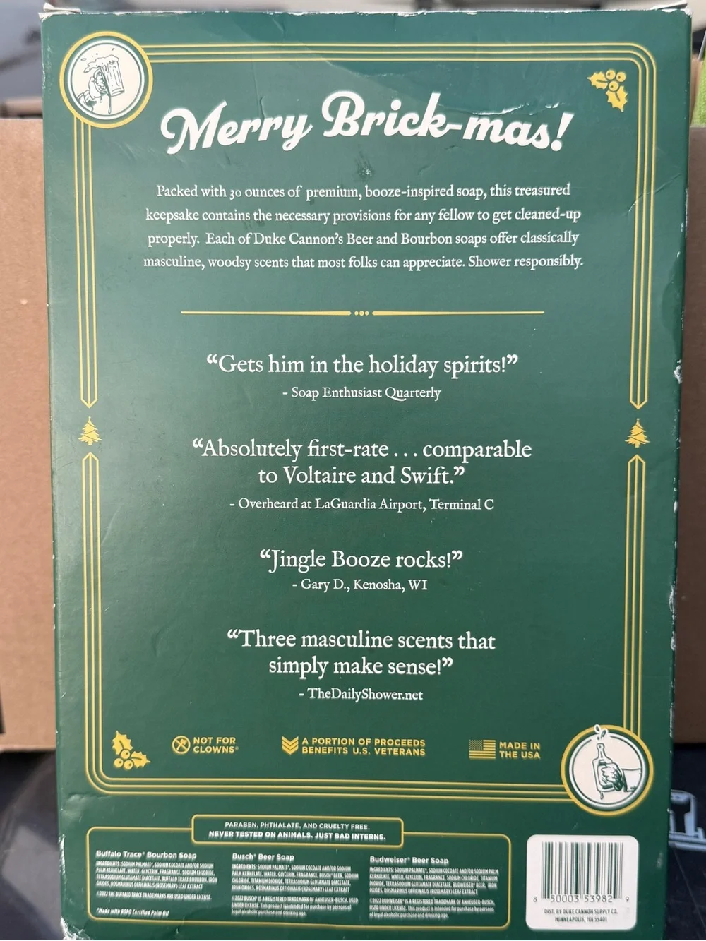 Duke Cannon Jingle Boooze Holiday Party pack 3 bars soap